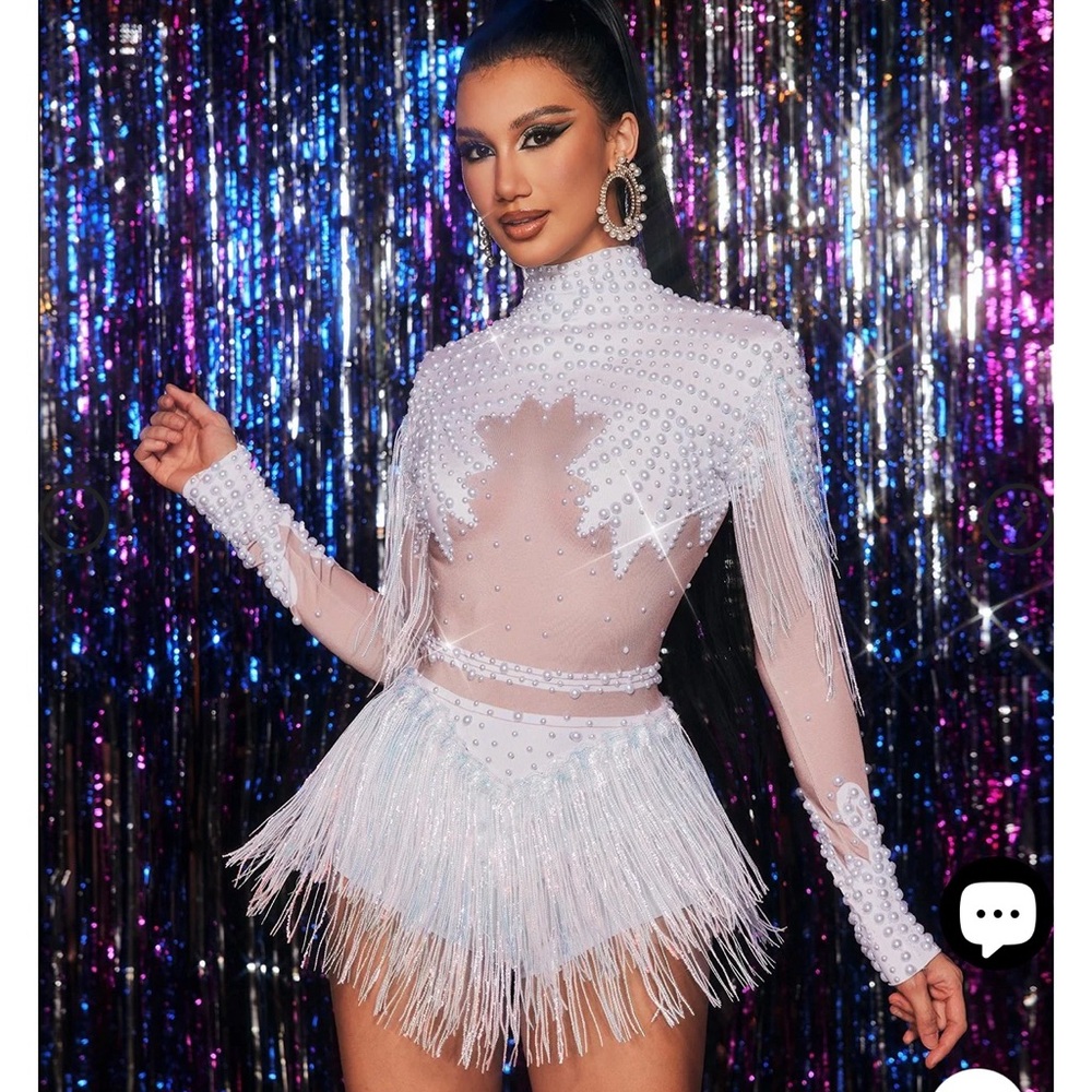 White Fringe Beaded Bodysuit